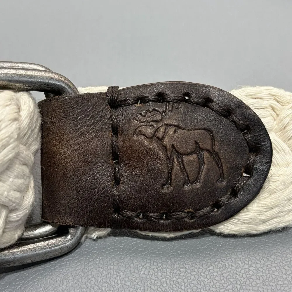 Abercrombie Fitch A&F Woven Cotton Leather Belt Size 33 Cream Moose Logo D-Rings
